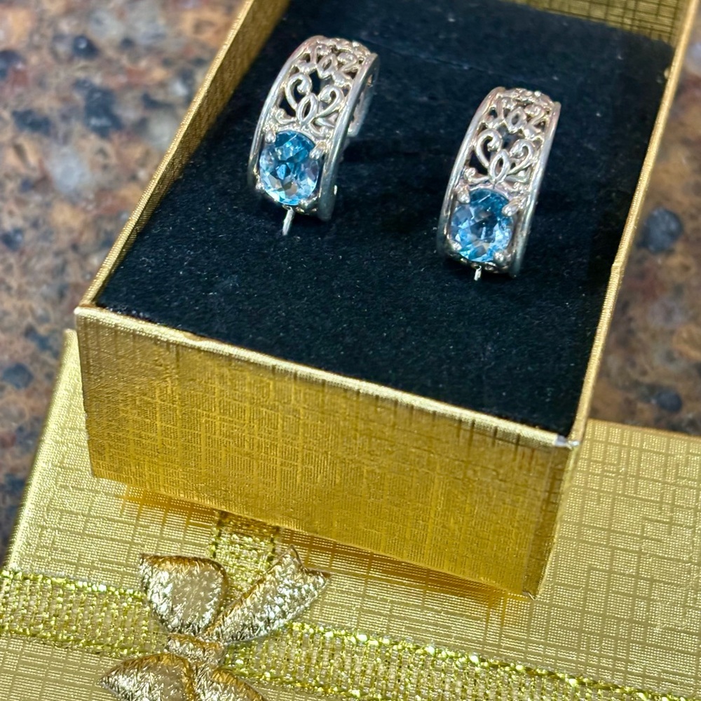 Sterling Silver Blue Topaz  Hoop Earrings. - Picture 3 of 12